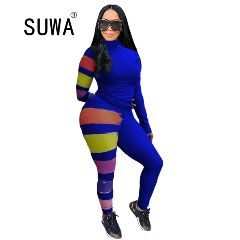 

Multi Splash Ink Print Fitness Matching Women Two Piece Set Zipper Front Long Sleeve Bandage Top Sporty Sweatpants Jogger Suit 210525, Blue