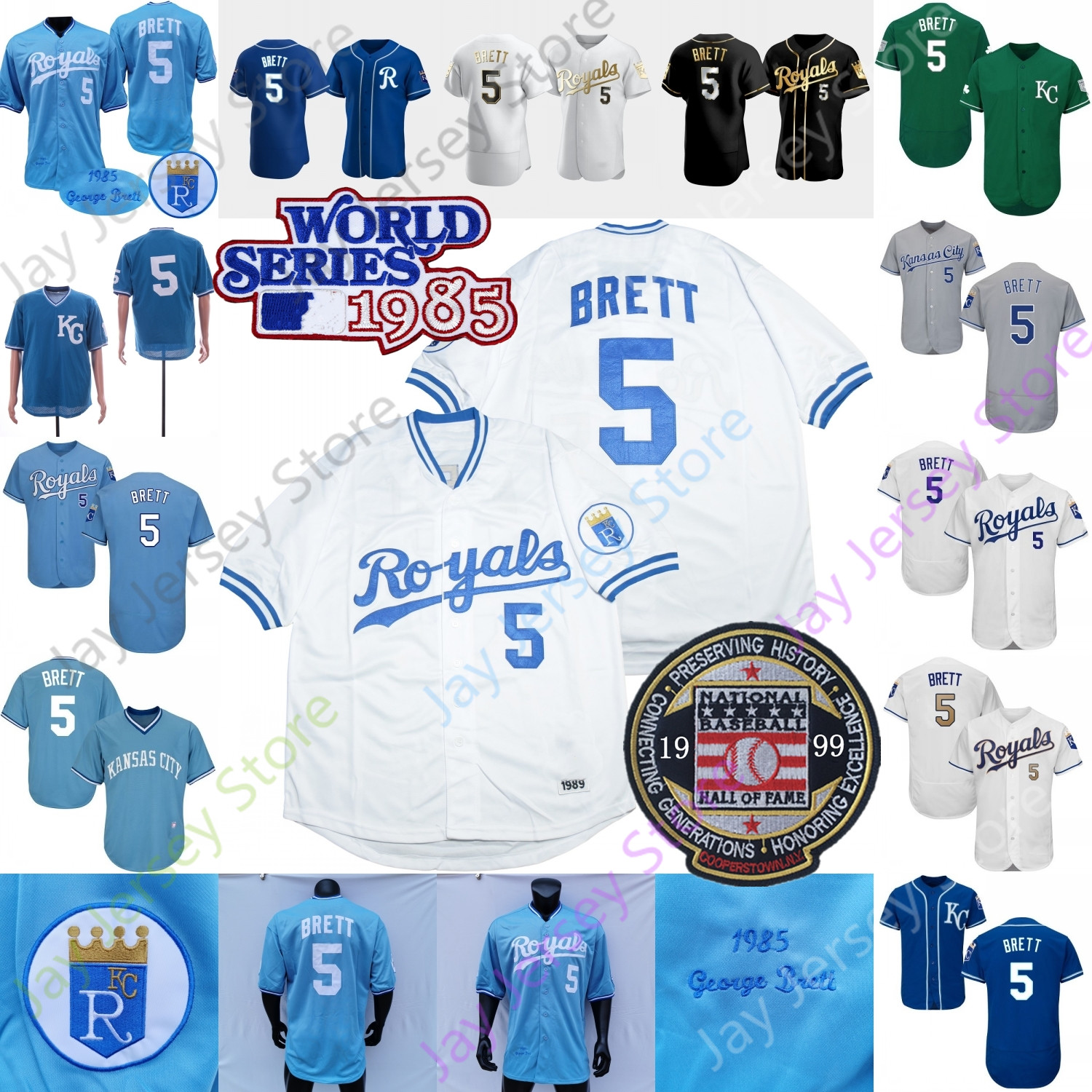 

George Brett Jersey Vintage 1985 Cooperstown 1999 Hall Of Fame Patch Black Golden KC R Blue Player Green Grey White Size S-3XL, Navy ii