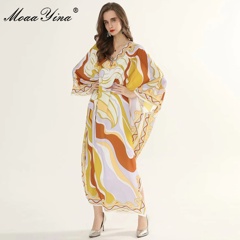 

Fashion Designer Runway dress Spring Summer Women Dress V Neck Batwing Sleeve Geometry Print Plus Size Maxi Dresses 210524, Multi