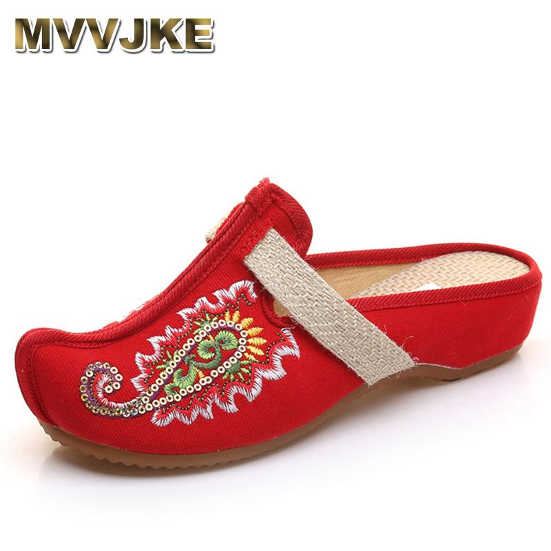 

Slippers MVVJKE Women Shoes Thailand Linen Chassis Flowers Embroidered Old BeiJing Sandals Big Size 41E220, Black