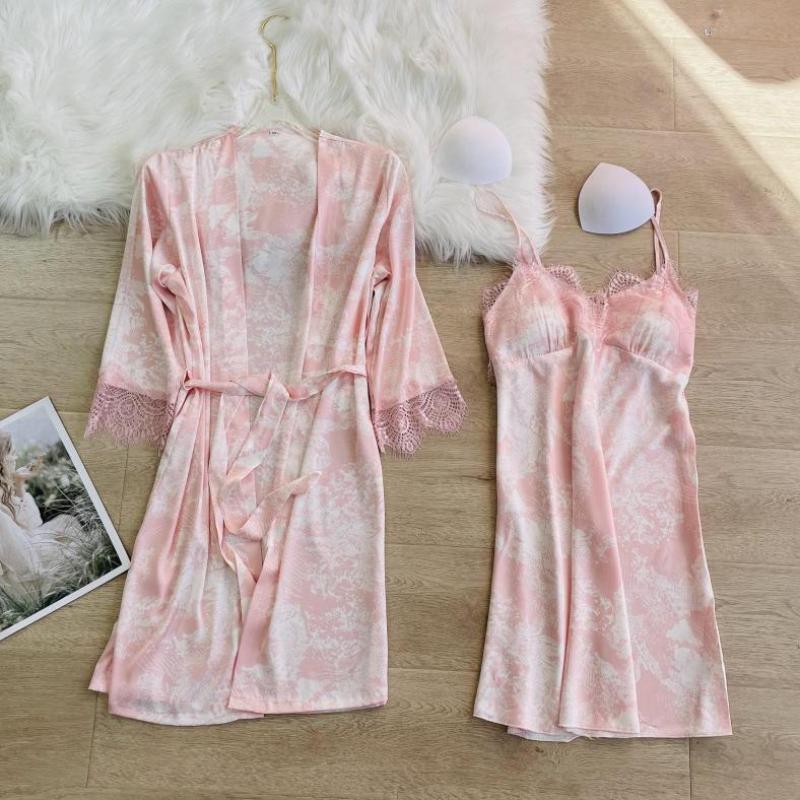 

Women's Sleepwear Pink Bride Bridesmaid Wedding Robe Print Flower Satin Women Nightgown Sexy Lace Kimono Bathrobe Gown Casual Home Dress, Black