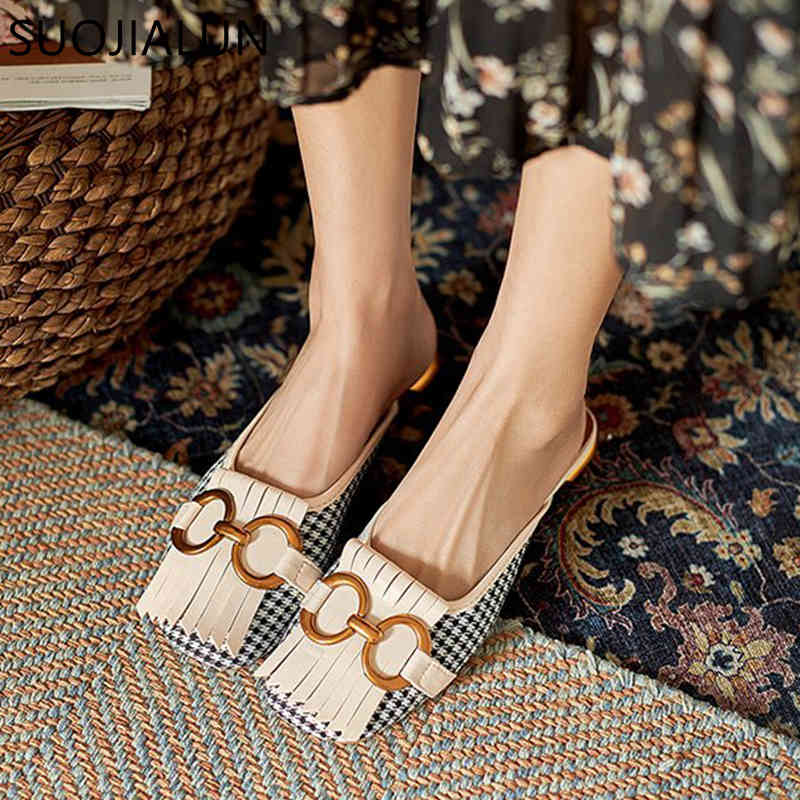 

SUOJIALUN 2021 Brand Designer Women Slippers Flat Heel Casual Shoes British Buckle Slides Ladies Round Toe Slip On Mules Shoes K78, Brown