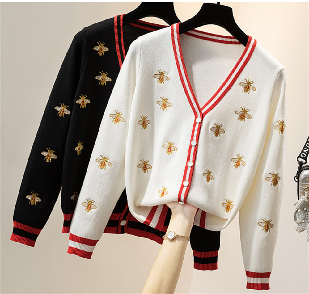 

Fashion Womens Knits Dress Pullover V-neck Jackets long-sleeved BEE Embroidery Sweater Blouse casual loose Coat Sweatshirt women' Outerwear Coats clothing Size -L, Black