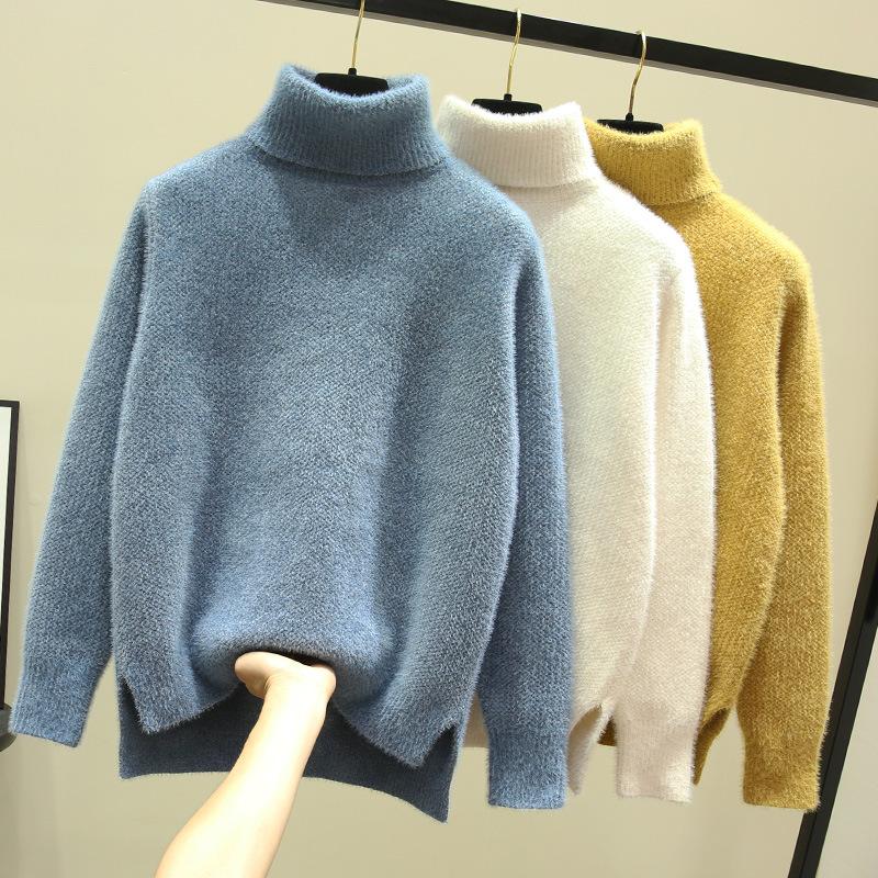 

Women's Sweaters Loose In Autumn And Winter 2021 High Collar Mink Like White Thickened Bottomed Sweater Pullover, Blue