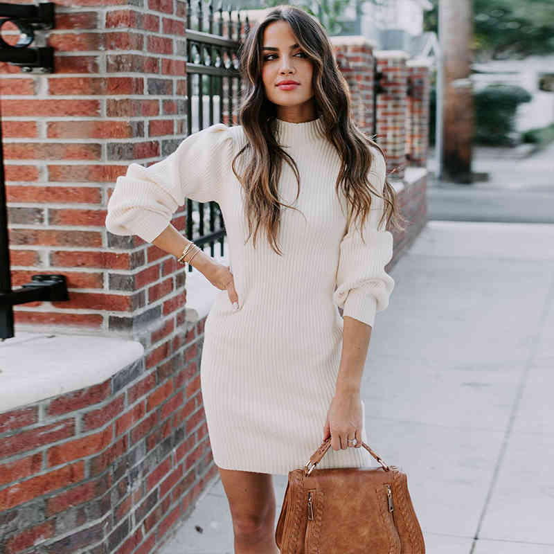 

Paris Girl Solid Knitted Sexy Dress Women Autumn Winter Fashion Turtleneck Lantern Long Sleeve Pullover Lady Casual Dresses 210524, White