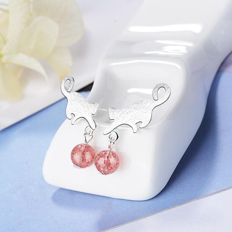 

stud s925 silver earring playful cat with ball tassel for women gift lady girl fashion zircon jewelry, Golden;silver