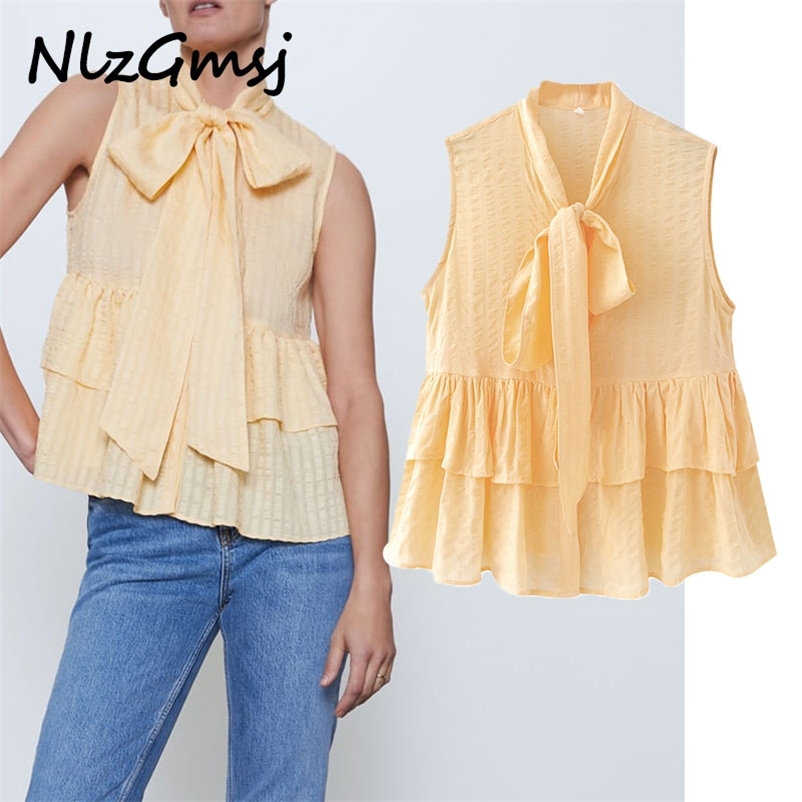 

Blouse Women Sweet Ruffles Vest Pleats Cropped Sleeveless Female Cute Chic Blusas Pullover Tops 03 210628, As picture