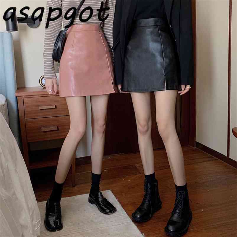 Korea Chic Autumn New Black PU Leather Skirt Women Mini High Waist A Line Slim Solid Vintage Femme Jupes Street Plus Size Casual 210412Z
