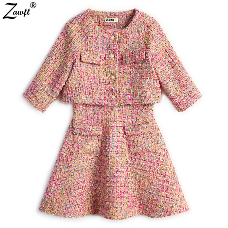 

High quality fashion elegant tassel dress two sets for women vintage woven tinsel tweed coat suits edging 210525, Picture color