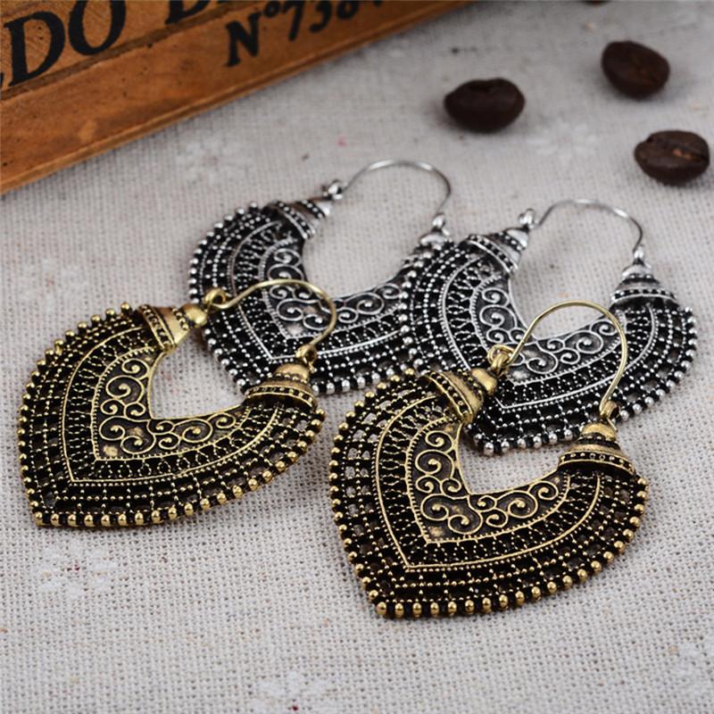 

Dangle & Chandelier 1 Pair Vintage Bohemian Silver Plated Heart Earring Women Bronze Ethnic Carved Turkish Hanging Earrings