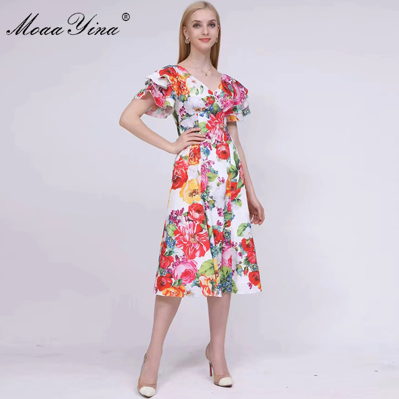 

Summer Women Dress V-neck Butterfly Sleeve Floral-Print Vacation 5XL Dresses 210524, Multi