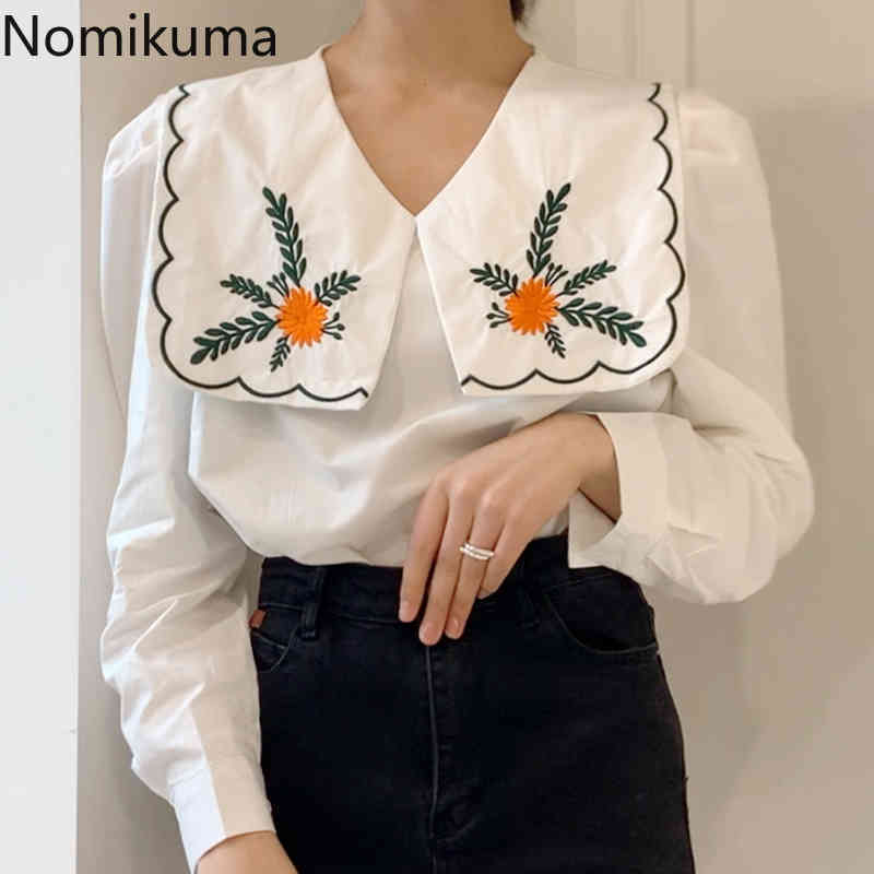Nomikuma Women Blouses Korea Chic Puff Sleeve Tops Floral Embroidery Sailor Collar Blusas Femme Spring Elegant Shirt 6G006 210427