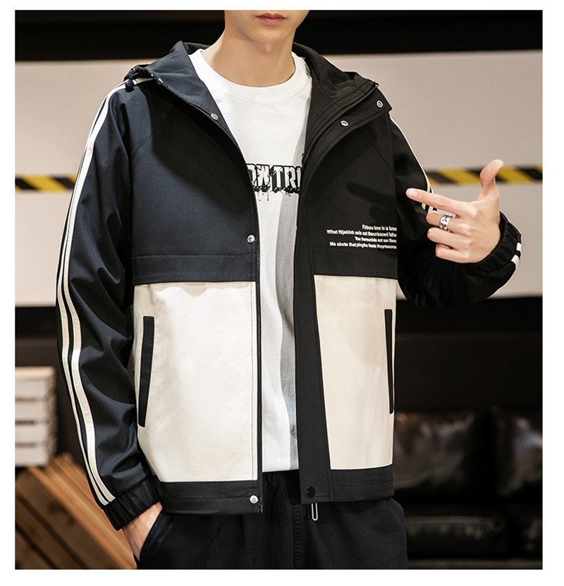 

Mens Patchwork Contrast Color Jackets Spring and Autumn Hooded Collar Outerwear with Pockets Long Sleeve Mens Letters Clothes with Zipper, Black;brown