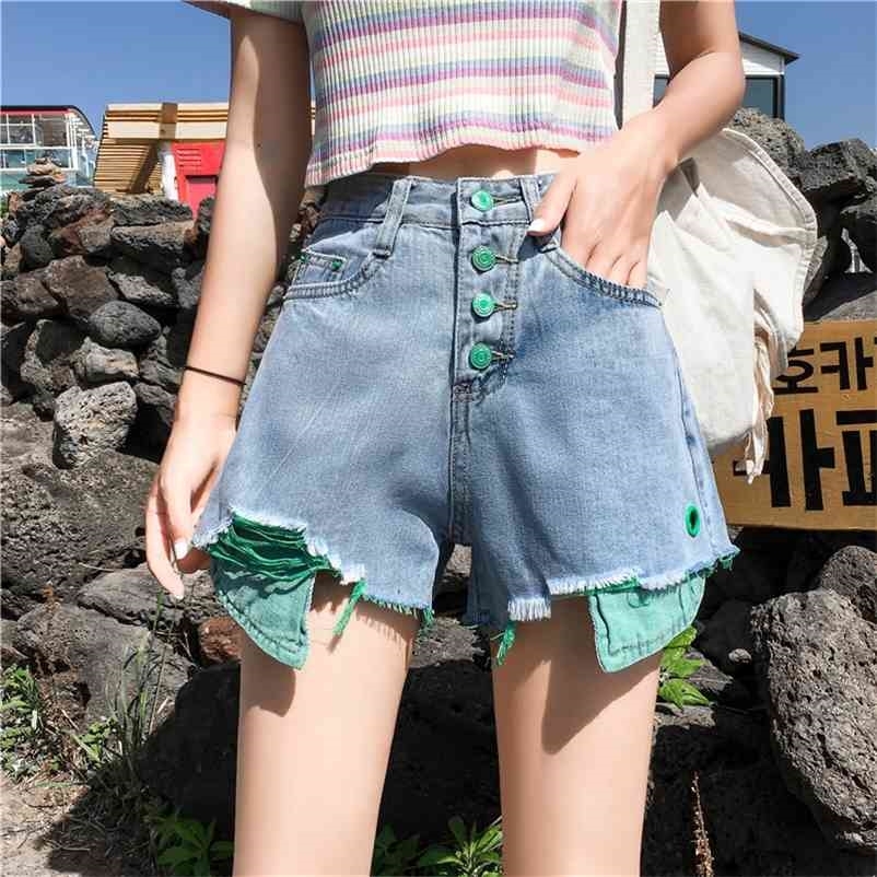 

Women Shorts Jeans Feminino Denim Patchwork leg-openings Plus size Ripped patchwork with pockets pantalones 210517, Green