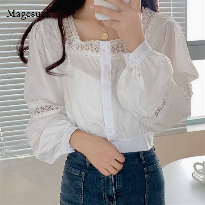 

Autumn Slim Sweet Single-Breasted Hollow Out Women Blouse Solid Square Collar Long Sleeve Lace Edge Shirts Blusas 11018 210518, Black