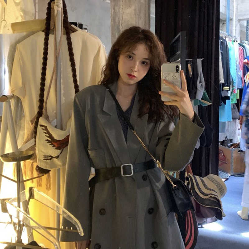 

LY VAREY LIN Spring Autumn Women Vintage Double Breasted Office Ladies Blazers Pockets With Belt Loose Suit Coat Jacket 210526, Dark grey