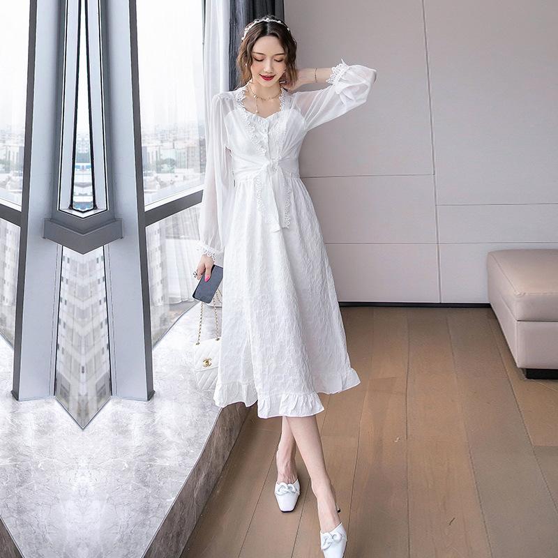 

Casual Dresses Summer Women V-neck Suspender Dress+Sun Protection Chiffon Shirt Elegant Fashion Lace Patchwork Long Dress Suit Beach, Picture color