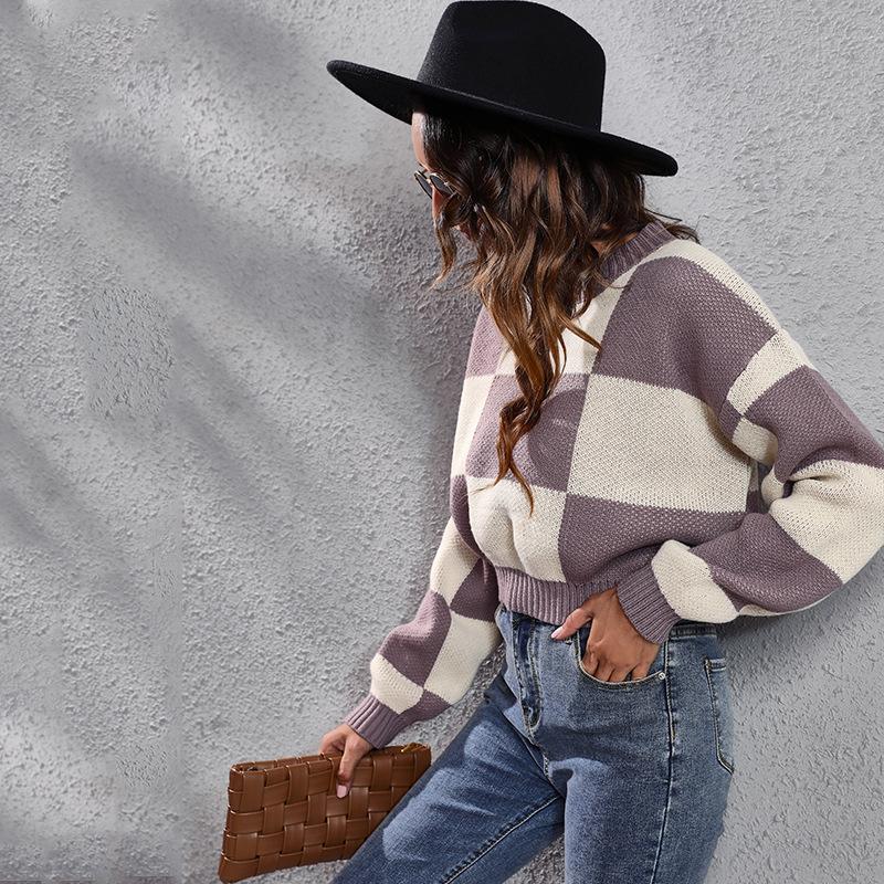

Women's Sweaters Casual Knitted Pullover Women Vintage Checkerboard Pattern O Neck Short Retro Warm Long Sleeve Loose Jumper Tops, White;black