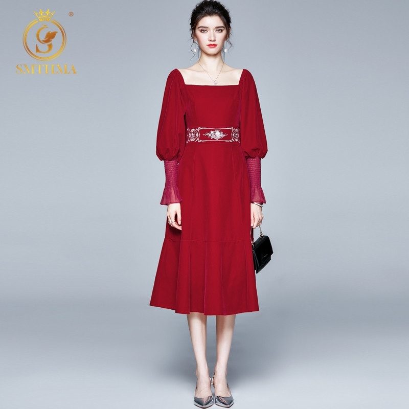 

High-Quality Luxury Design Runway Long Dress Red Embroidered Lantern Sleeved Velvet Slim Autumn Winter Vestidos 210520, Photo color