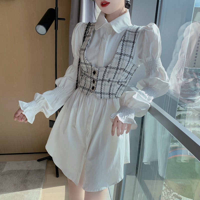 

Korean Fashion Two Piece Set Spring White Puff Sleeve Long Blouse Top And Plaid Tweed Vest Sweet Suit femme 210518, Only white shirt
