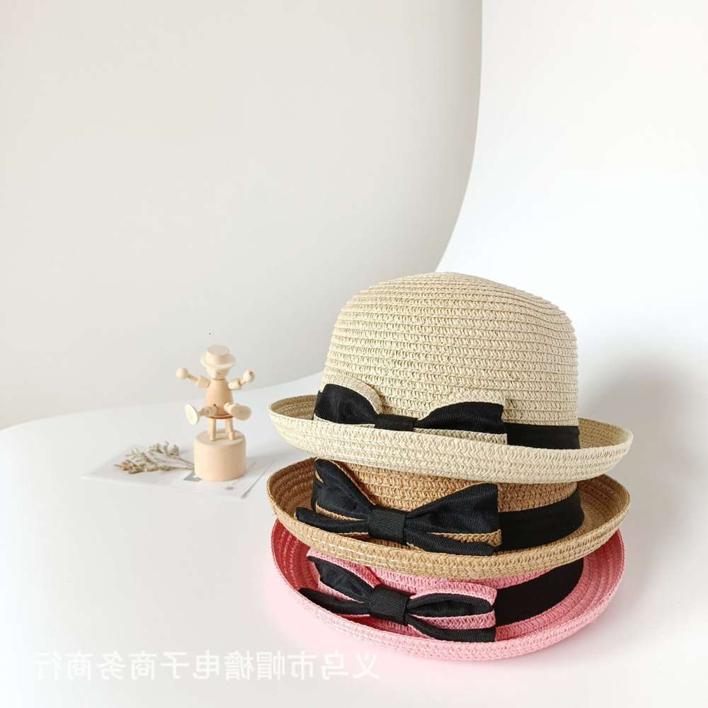 

Sun hat for children Baby summer thin small round bow top Beach lovely sun children's straw hat, Yellow