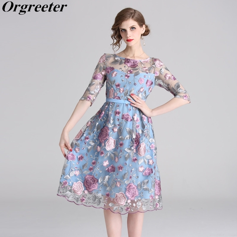 

Arrival Summer Dress Women High Quality Luxury Half Sleeves Patterned Hollow Mesh Flower Embroidery Woman Gauze 210525, Sky blue