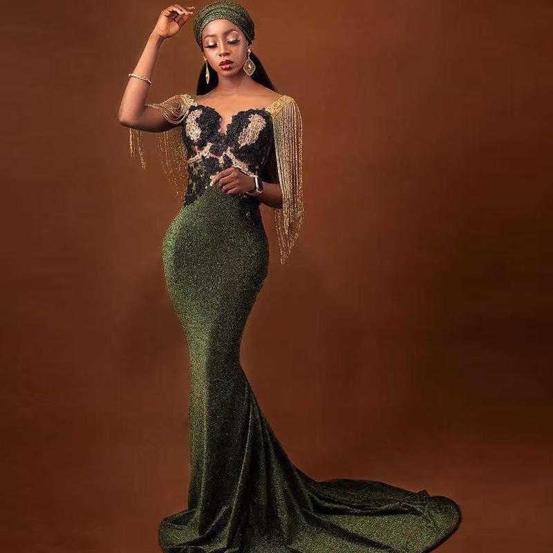

Beading Tassel Formal Mermaid Evening Dresses V Neck Shiny Satin Sweep Train Prom Dress Black Appliques Long Vestidos De Fiesta, Gold