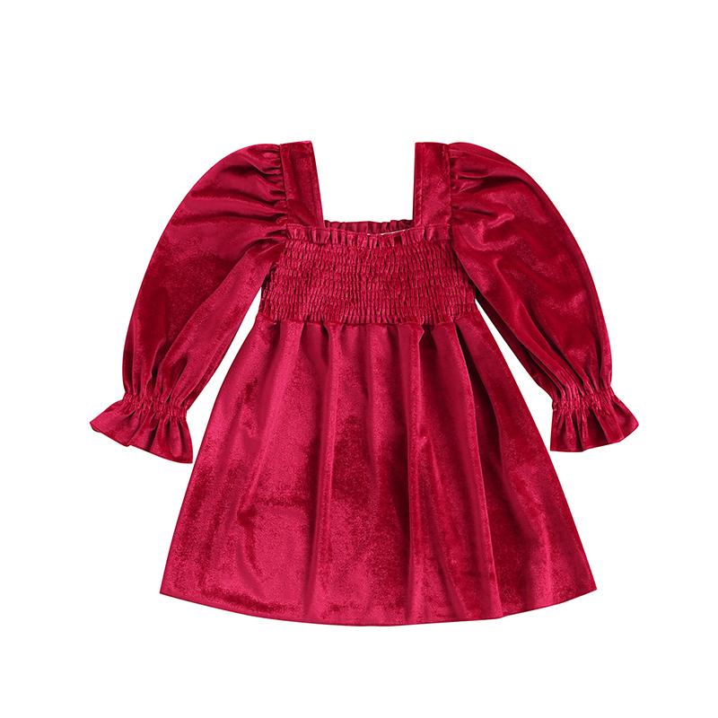 

Girl's Dresses Toddler Baby Girl Velvet Dress, Long Sleeve Solid Color Frill Smocked A-Line Dress, Red;yellow