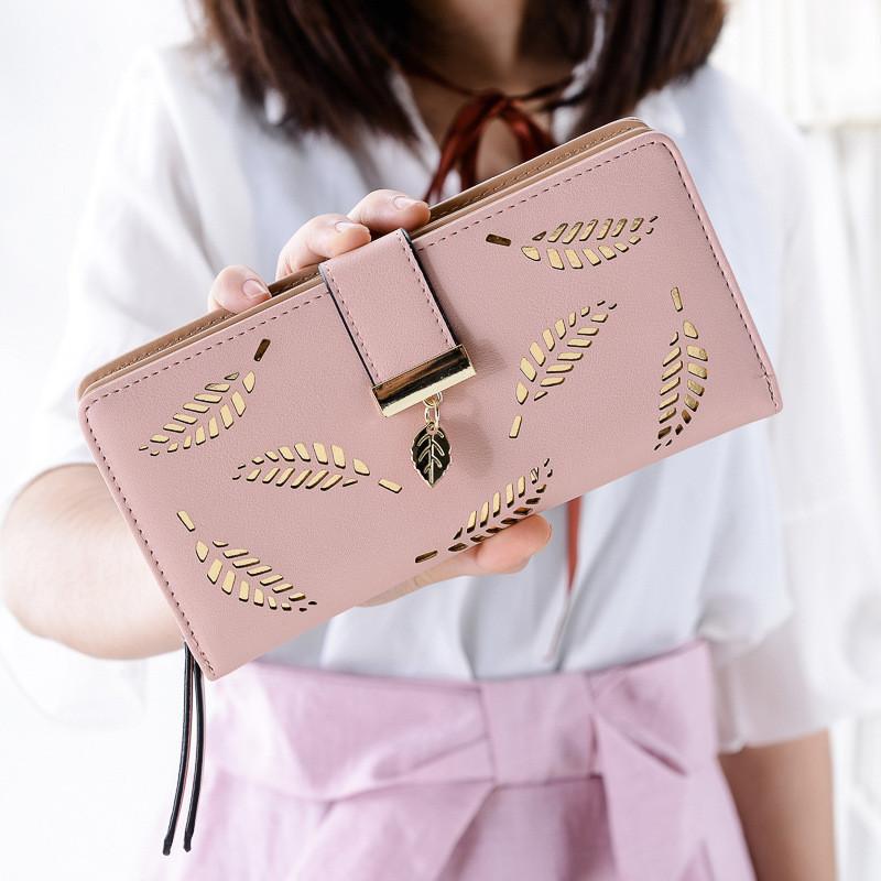 

Wallets Women's Wallet Portfel Female Long Gold Hollow Leaves Pouch Handbag For Women Coin Purse Card Holders Portefeuille Femme, Black