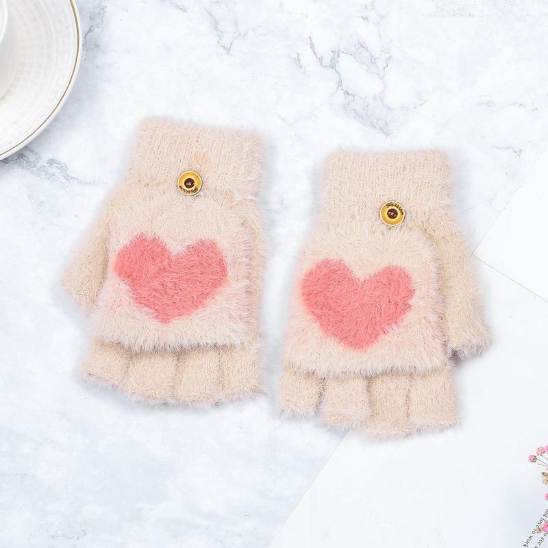 

Knitted Gloves Winter Women Fingerless Mittens Keep Warm Ladies Pink Heart Wool Half Finger Female Hand Wrist