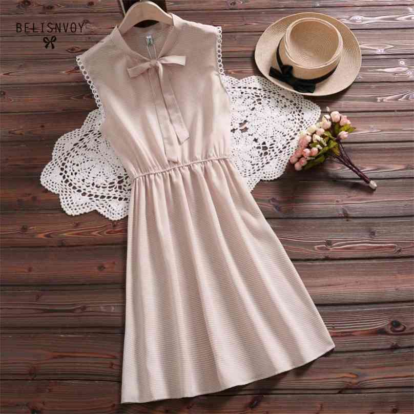 

Mori Girl Vintage Summer Women Dress Bowknot Sweet Cotton Linen Vestidos De Festa Sleeveless Plaid Robe Femme Sundress 210520, Blue