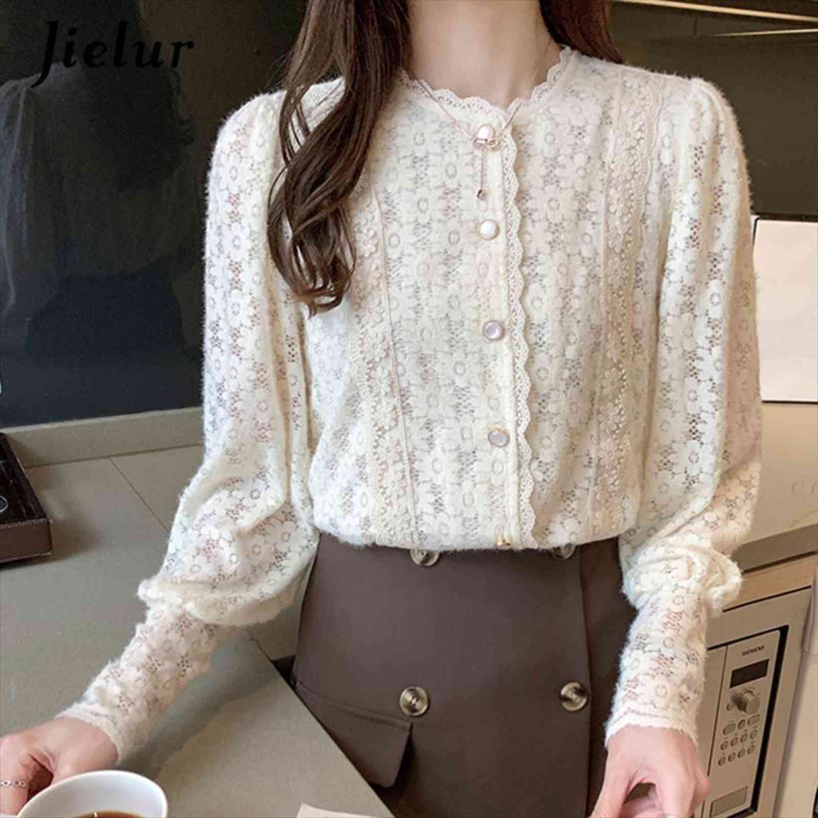 

Korean Lace O Neck Fashion Women Shirts Lantern Sleeve Patchwork Ol Style Blusas Femme Tops S Xxl Spring, White