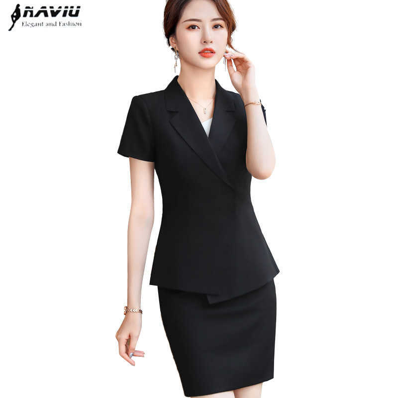 

Naviu Fashion Elegant Women Suits Casual White Black Temperament Short Sleeve Blazer and Skirt Office Lady Formal Wear 210604, White coat and skirt