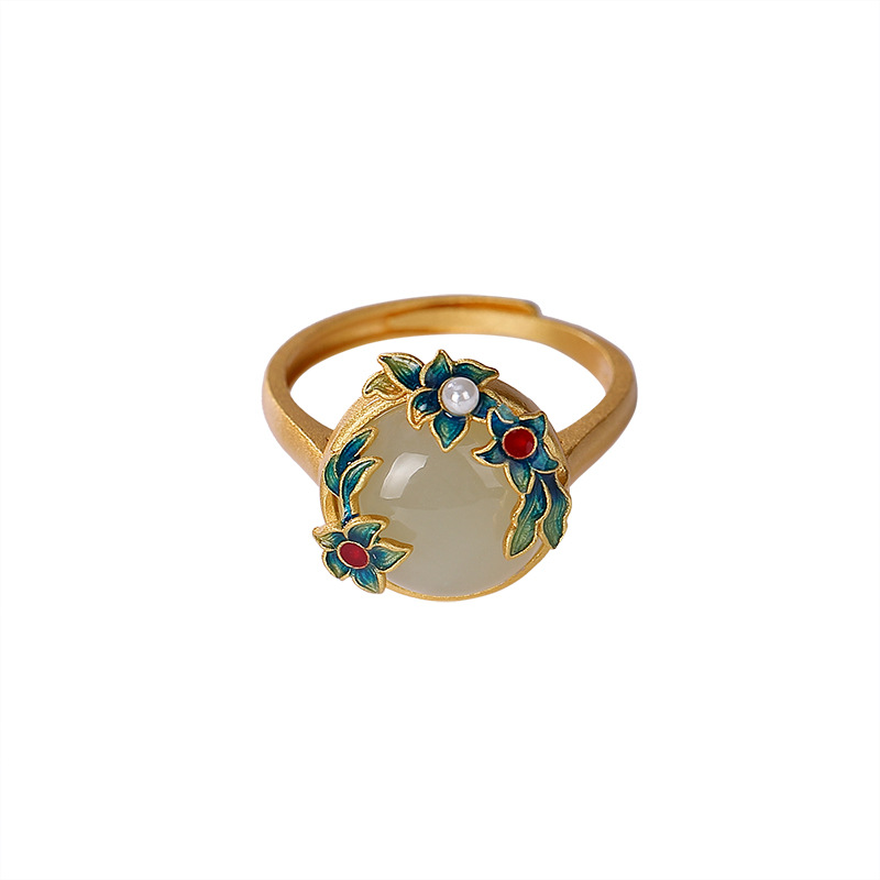 

Baifuming s925 sterling silver gold-plated cloisonne Hetian Jade Pearl Ring vintage court flower ladies ring