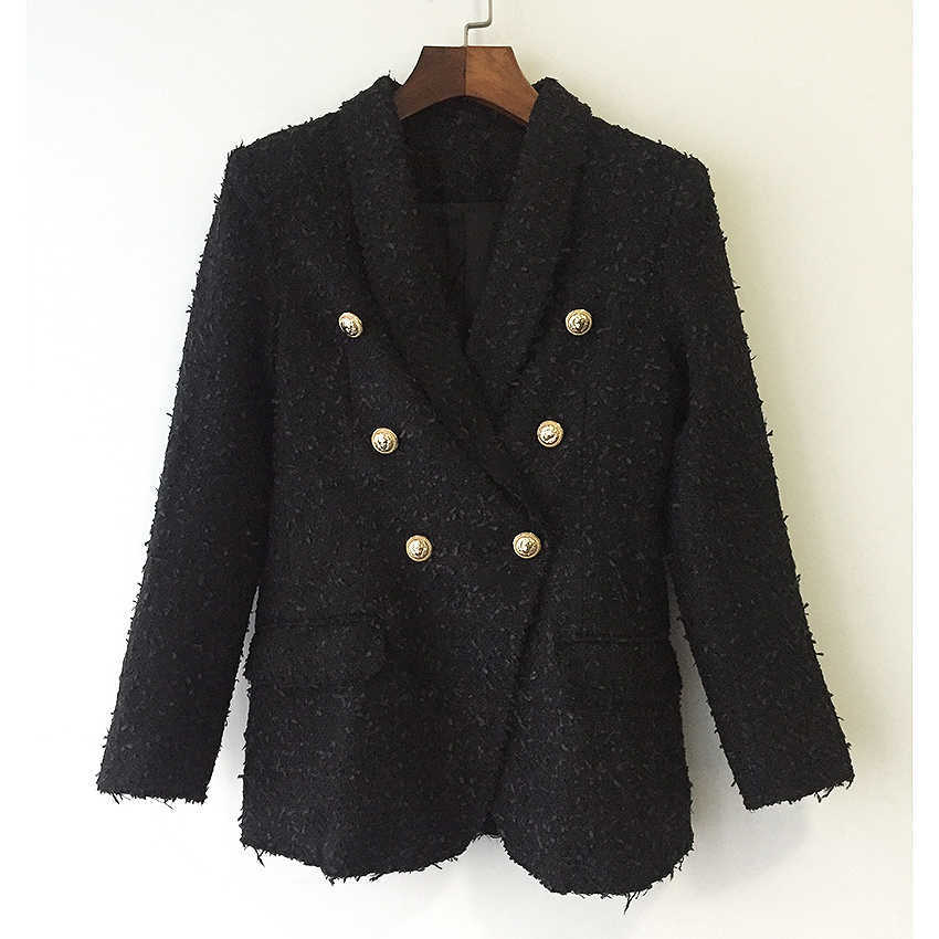 

HIGH QUALITY est Fashion Designer Jacket Coat Women's Double Breasted Metal Lion Buttons Tweed Blazer 210526, Black