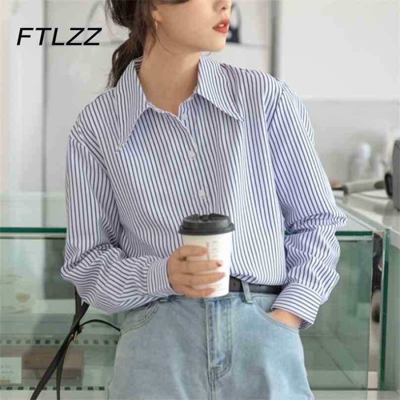 

Blue White Stripe Blouse Women Fashion Long Sleeve Button Up Casual Shirts Ladies Vintage Tops Korean Blouses Spring Autumn 210525