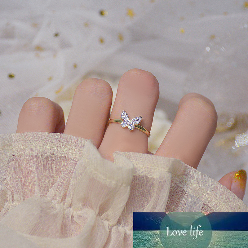 

Hollow Butterfly Korean 14K Real Gold CZ Ring for Women Adjustable Open Design Pave Zircon Butterfly Ring Wedding Jewelry Gift