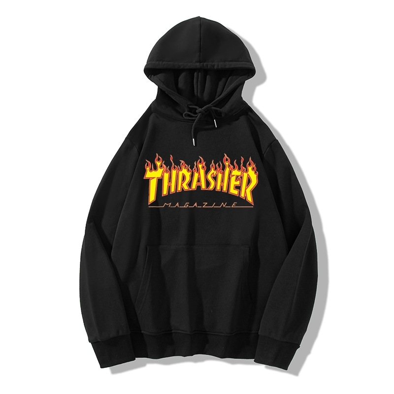 

Thrasher flame hooded sweater for male students, Black