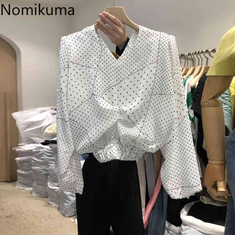 Nomikuma Vintage Dot Chiffon Blouses Women Spring Summer New Shirt Causal V-neck Long Sleeve Slim Waist Blusas Top 6G915 210427