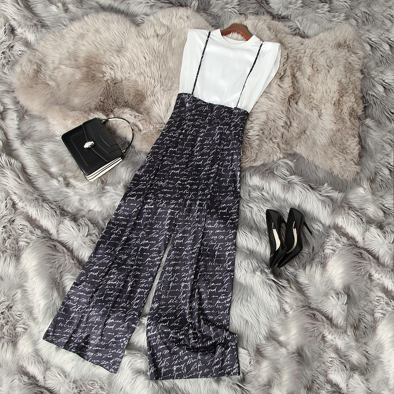 

2021 Summer Sleeveless Round Neck White Pure Color Top + Print Wide Leg Overalls Trousers Pants Two Piece Suits 2 Pieces Set 21L1712366, Multi