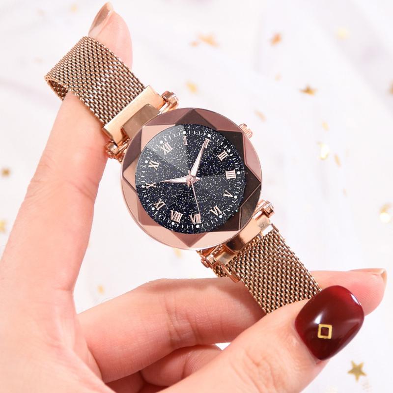 

Wristwatches Luxury Rose Gold Women Watch Starry Sky Magnetic Alloy Mesh Band Fashion Quartz Wristwatch Diamond Watches Relogio Feminino 202, Brown