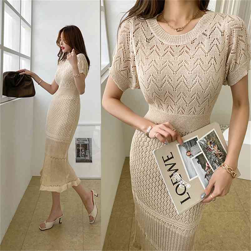

Elegant Summer Dress Women O-Neck Short Sleeve Slim Knit Hollow out Casual Midi Party Dresses Femme Vestidos 210519, Photo color