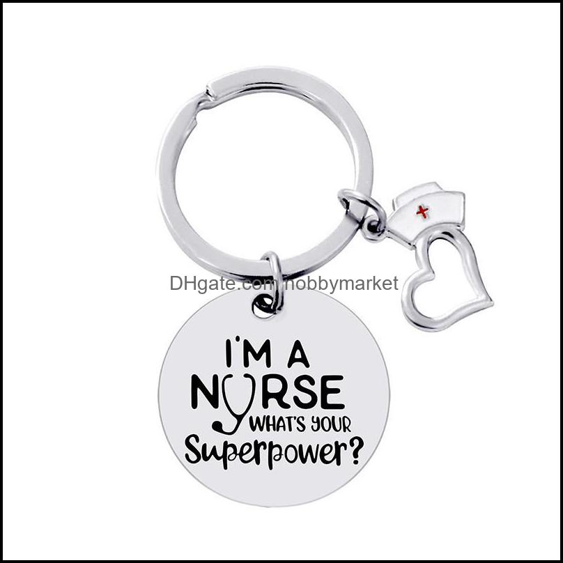 

Key Rings Jewelry Stainless Steel Lettering Nurse Cap Heart Round Nursing Is A Work Of Hearts Sier Car Keychains Christmas Friend Drop 25X25MM