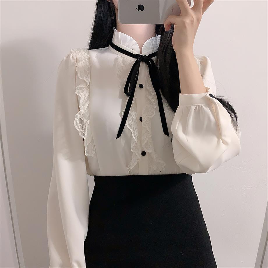 

elegant office patchwork white women shirts lace bow tie long sleeved chiffon shirt blusa feminina