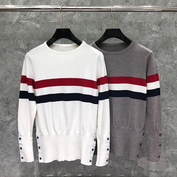 

tees Fashion TB THOM Brand Sweaters Men Slim Spliced O-Neck Pullovers Clothing Patchwork Wool Striped Winter Casual Coat Ins, White