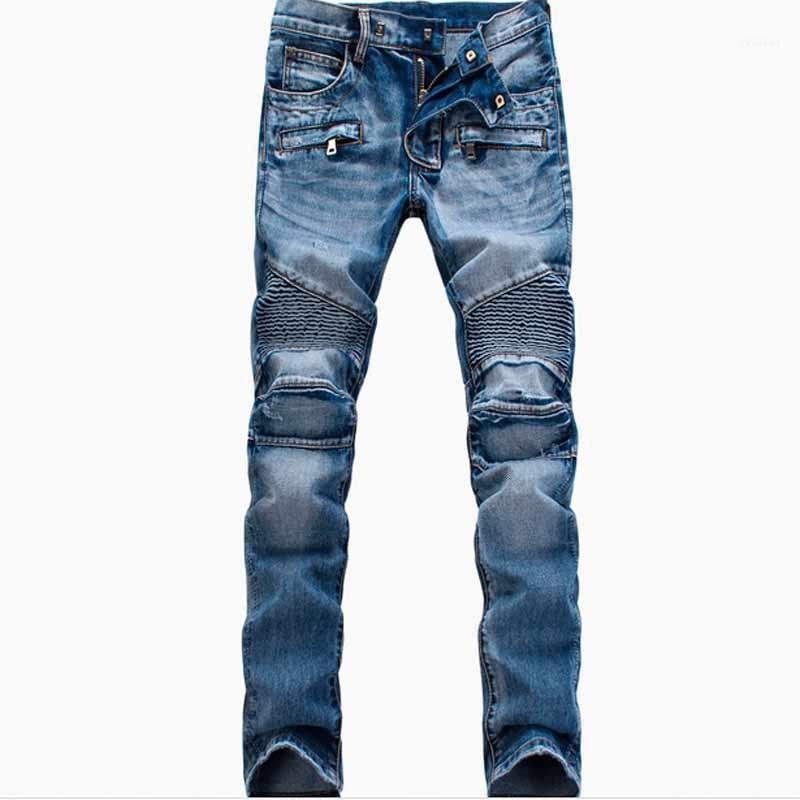 

Wholesale- Men's Fashion high quality Ripped Biker Jeans Men Distressed Moto Denim Joggers Washed Pleated Jeans Pants Black Blue White11