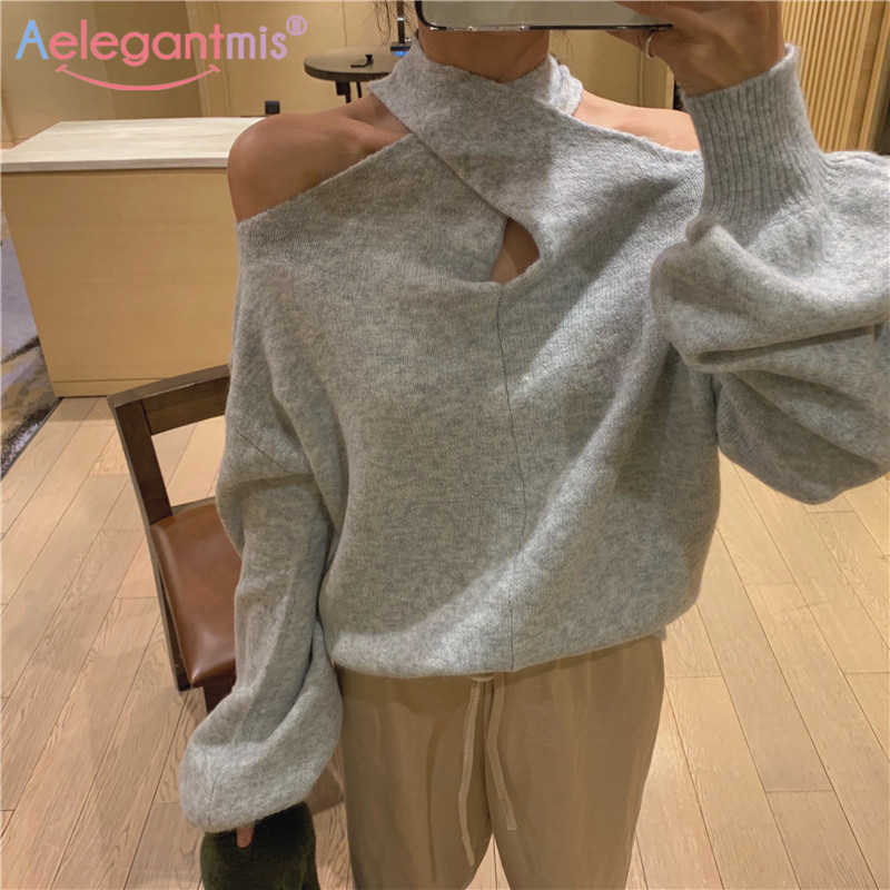 

Aelegantmis Sexy Off Shoulder Sweater Women Strapless Halter Knitted Pullover Criss Cross Lantern Sleeve Cozy Soft Jumpers Chic 210607, Gray