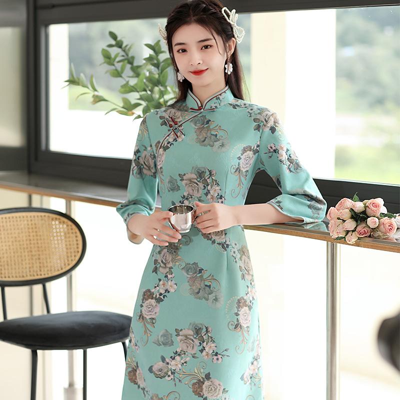 

Ethnic Clothing Green Print A-Line Vintage Qipao Slim Classic Mandarin Collar Chinese Dress Women Vestidos Improved Prom Gown Cheongsams 4XL