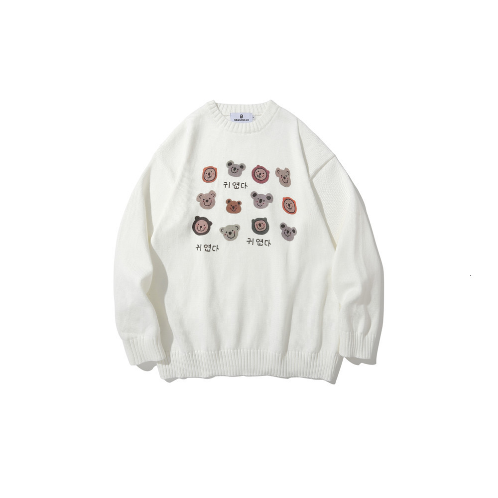 

sweater knit cartoon funny bear print men's american fashion brand loose long sleeve pullover t shirt, White;black