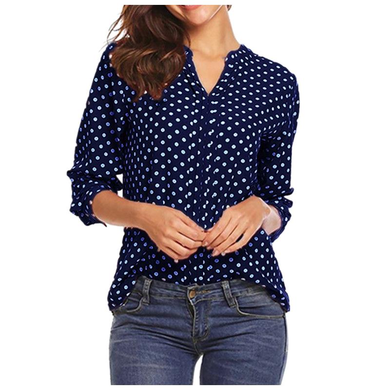 

Women's Blouses & Shirts Fashion Polka Pot Print Blouse Autumn Casual Long-sleeved V-neck Shirt Elegant Ladies Office Top Streetwear 2021, White